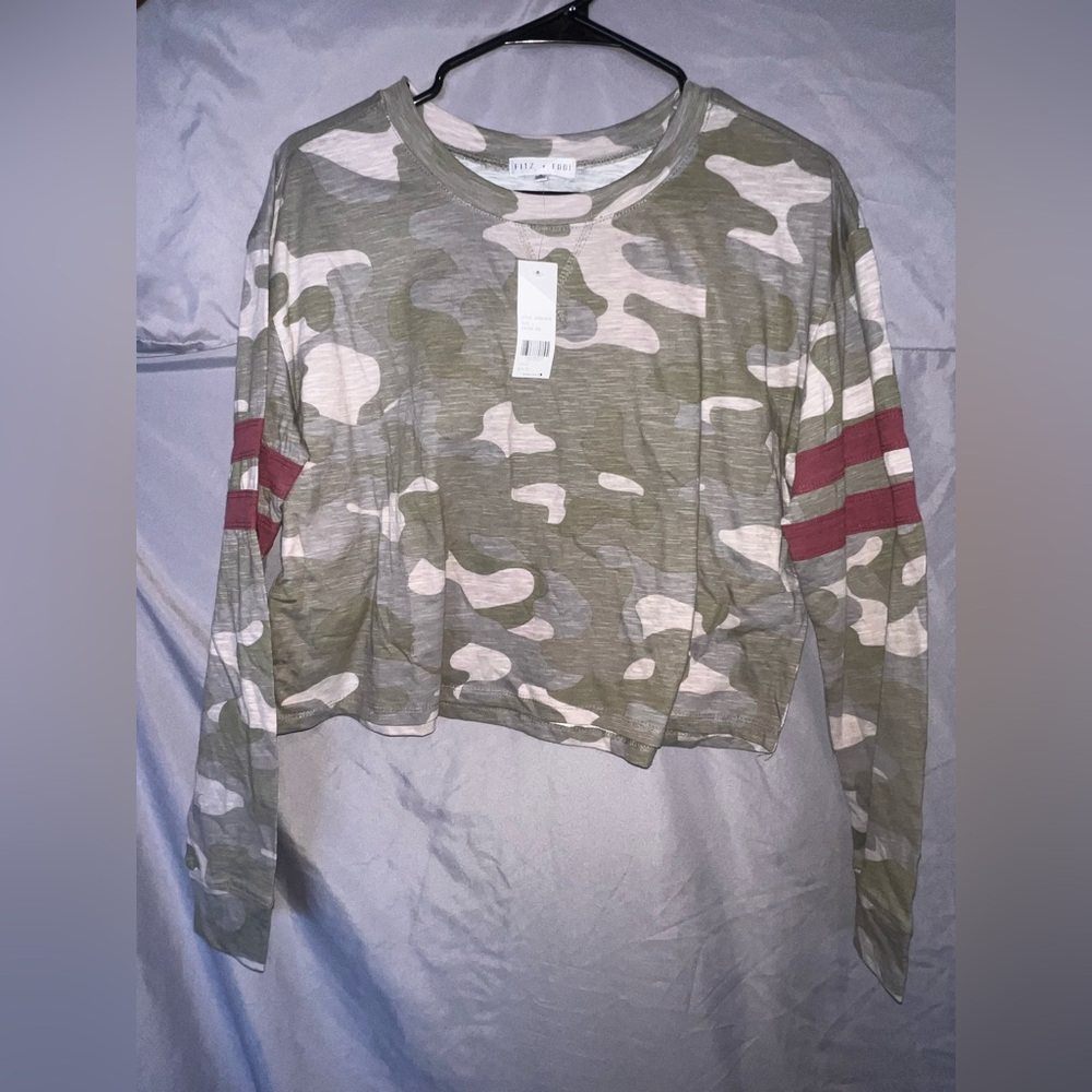 Fitz + Eddi Camo Long Sleeve Top with Burgundy Accents